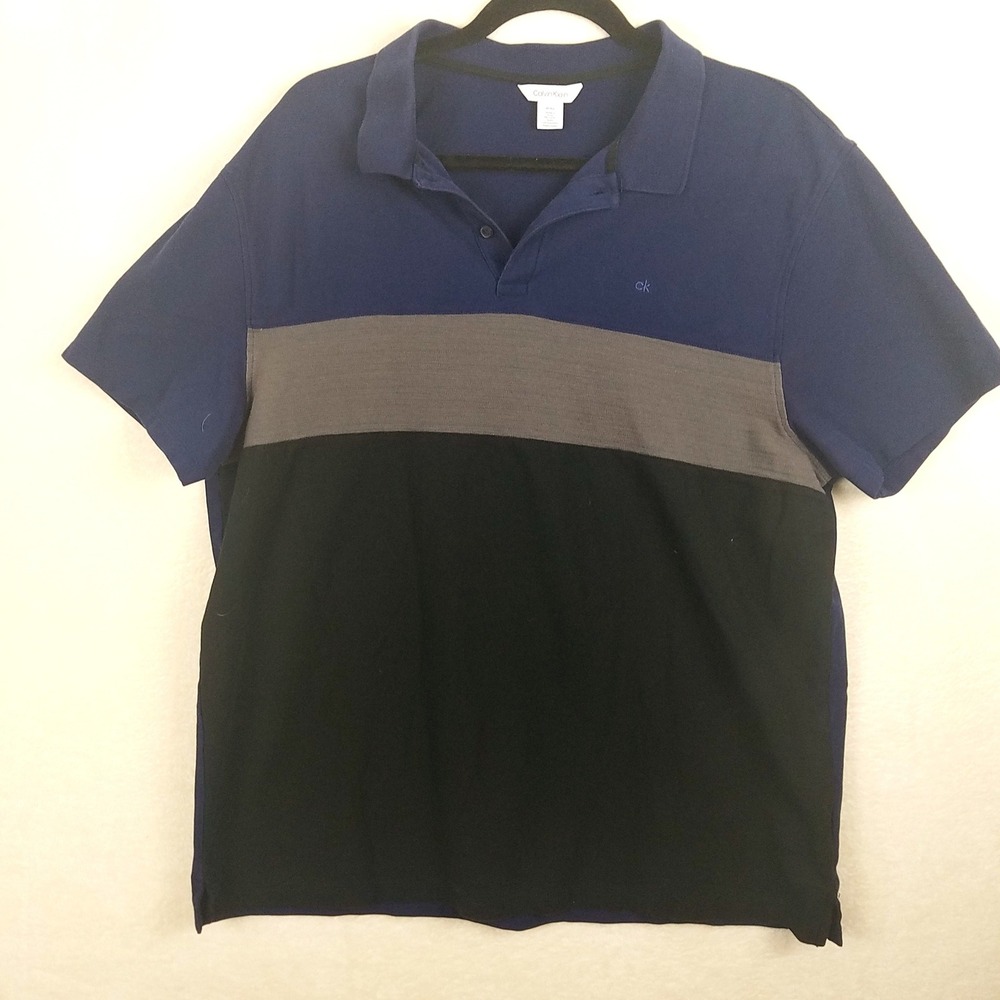Calvin Klein Men's XL Blue Gray Black Colorblock‎ Short Sleeve Polo Shirt